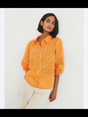 Women’s Orange Textured Button-Down Shirt with Three-Quarter Sleeves